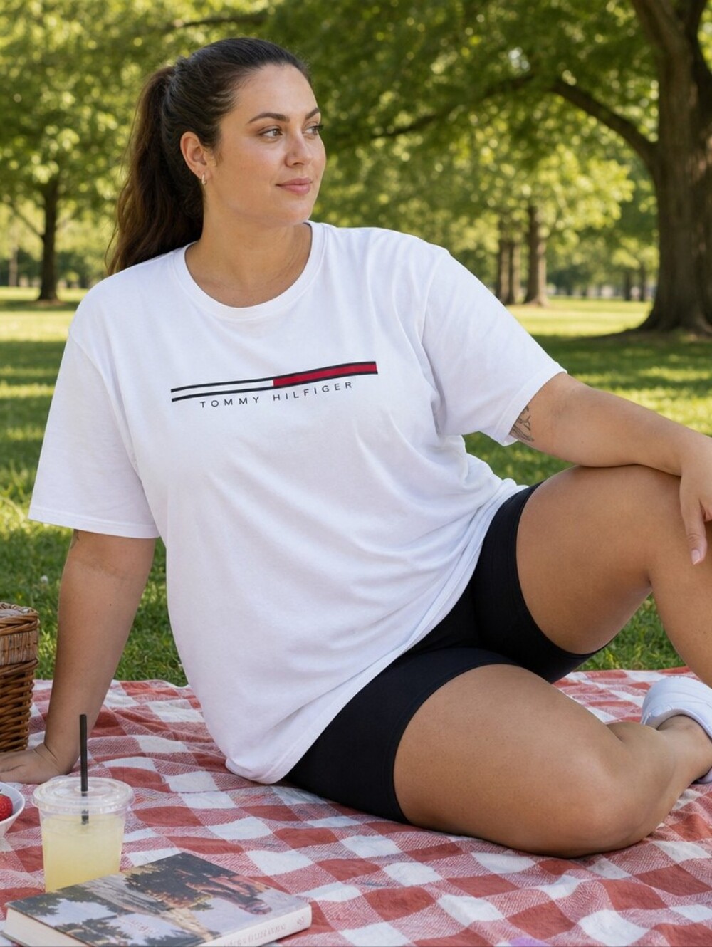 Tommy Hilfiger White Tee with Red & Black Logo Stripe